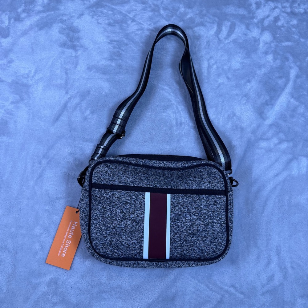 Haute Shore Drew Neoprene Crossbody Bag Grey Marl Burgundy Stripe New